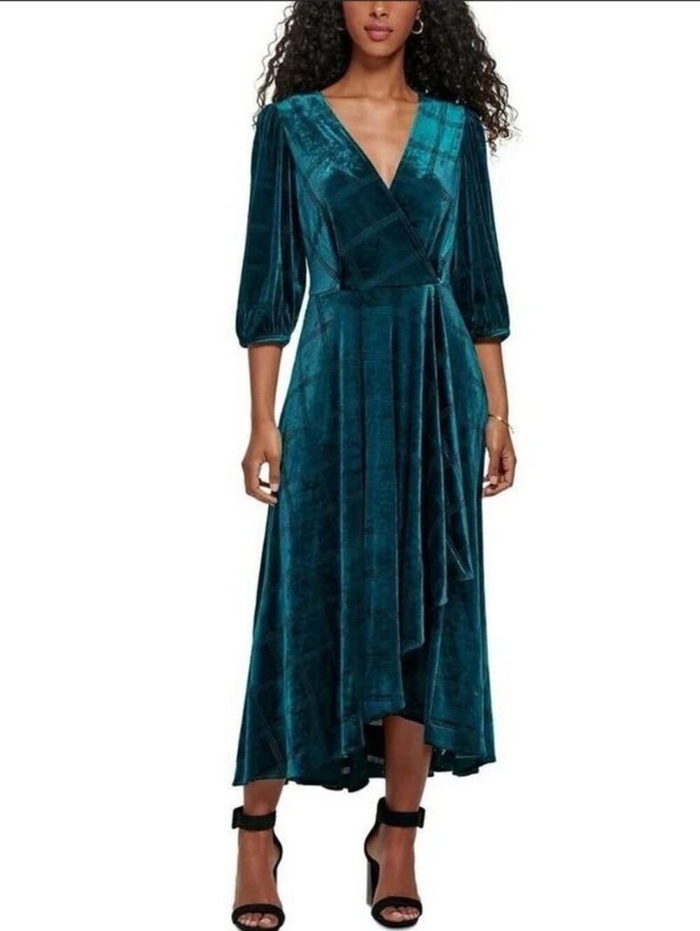 Calvin Klein Teal Green Black Geo Velvet Wrap Holiday Cocktail Office Dress, 12P